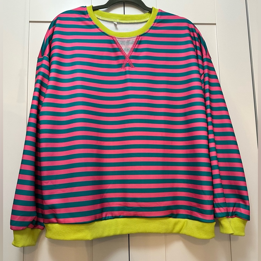 Striped Pink Teal With Lime Accent Oversized Pullover Sweatshirt Sz LG